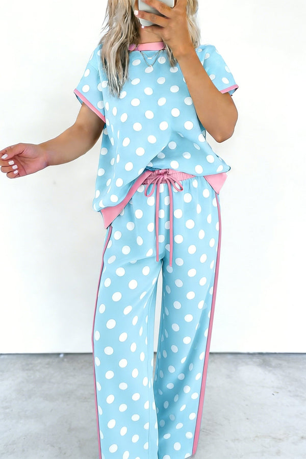 Effortless Summer Chic: Women's Sky Blue Polka Dot Short Sleeve Top & Matching Pants Set for Stylish Comfort