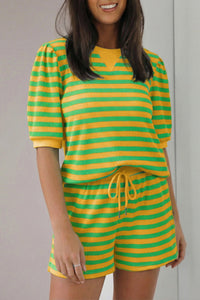 women's effortless summer style: women's sunny yellow stripe puff sleeve t-shirt and matching shorts set for fashionable comfort with practical