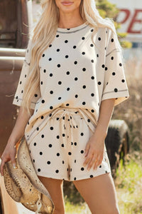 Effortless Summer Style: Women's White Polka Dot Tee & Drawstring Shorts Set with Chic Exposed Seam Detail