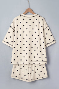 White Exposed Seam Detail Polka Dot Loose Tee Drawstring Shorts Set