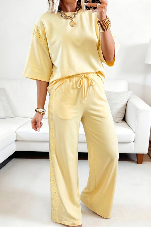Effortless Women's Yellow Cream Lace Patchwork Two-Piece Set with Half Sleeve Top & Elastic Waist Pants for Chic Comfort