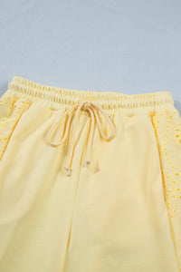 Yellow Cream Lace Patchwork Half Sleeve Top Elastic Waist Pants Two Piece Set