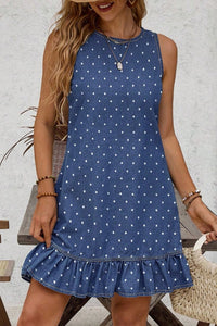 Effortlessly Chic Women's Blue Polka Dot Denim Mini Dress with Ruffle Hem - Perfect for Summer Fashion and Everyday Wear