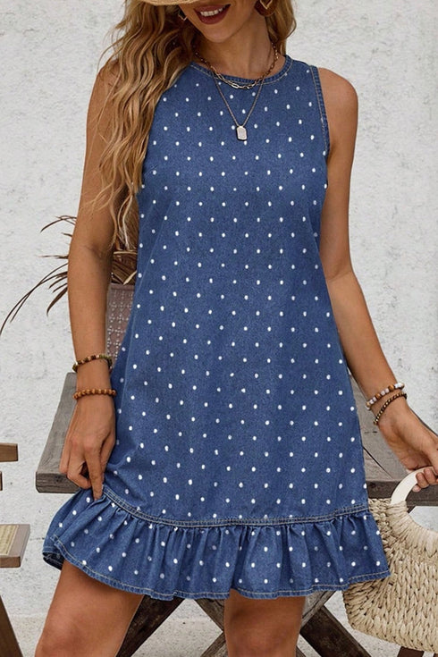 Effortlessly Chic Women's Blue Polka Dot Denim Jean Mini Dress with Ruffle Hem - Perfect for Summer Fashion and Everyday Wear