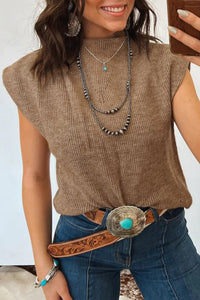 Effortlessly Chic Women's Light Beige Ribbed Mock Neck Sleeveless Sweater - Relaxed Fit for Stylish Everyday Wear