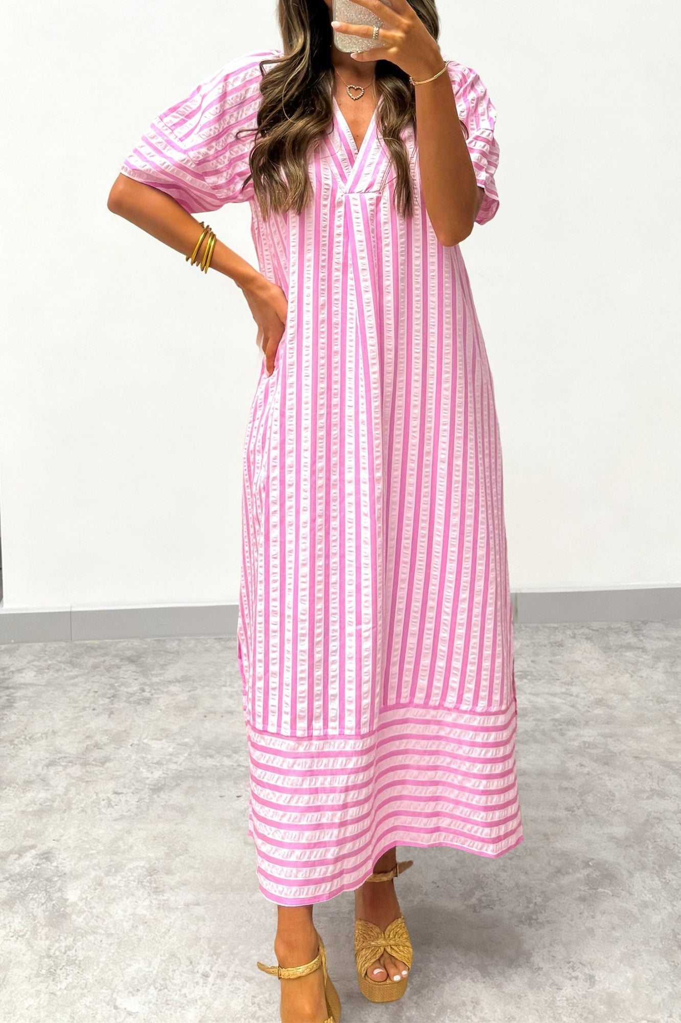 Shop Pink Striped V-Neck Shift Dress Mini Dresses