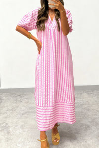 Women's Pink Striped V-Neck Shift Dress in Mini Dresses