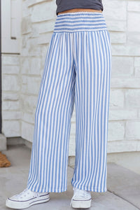 Effortlessly Stylish Women’s Sky Blue Striped High-Waisted Loose Summer Pants with Shirred Detail for Ultimate Comfort