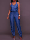 Elastic Waistband Bloomer-Style Zip-Front Sleeveless Denim Jumpsuit