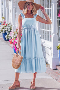 Elegant Beau Blue High Waist Sleeveless Maxi Dress for Women, Ruffle Trim, Perfect for Summer Events and Casual Outings