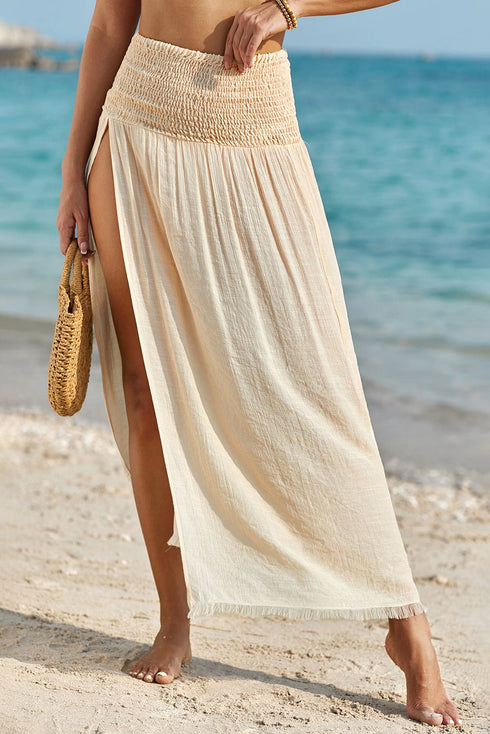 Women's Elegant Beige High-Waisted Shirred Split Skirt for Women - Flattering Beachwear with Stylish Flow and Comfortable Fit