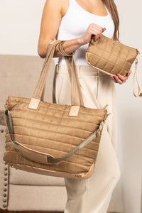 Women's Camel Quilted 2-Piece Tote and Clutch Set
