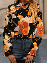 Elegant Black Floral Mock Neck Top