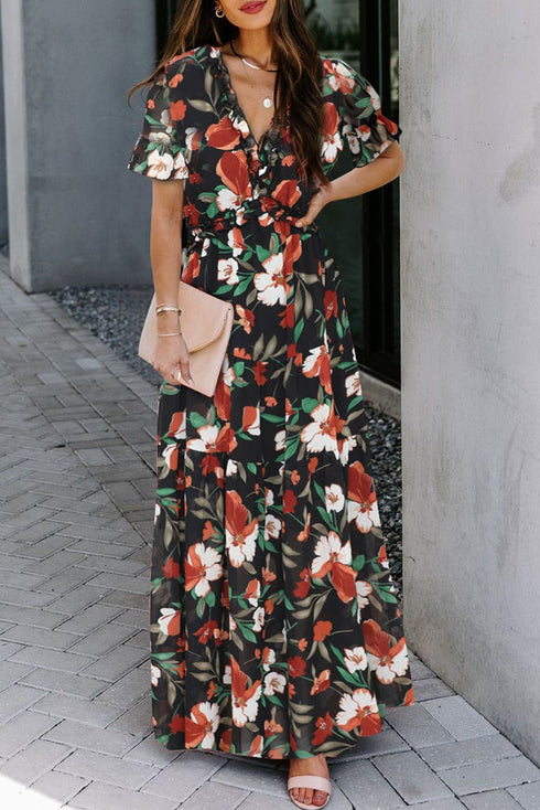 Women's Elegant Black Floral Print Maxi Dress for Women - Frilled V-Neck, Short Sleeve, Perfect for Summer Events