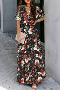 Women's Elegant Black Floral Print Maxi Dress for Women - Frilled V-Neck, Short Sleeve, Perfect for Summer Events