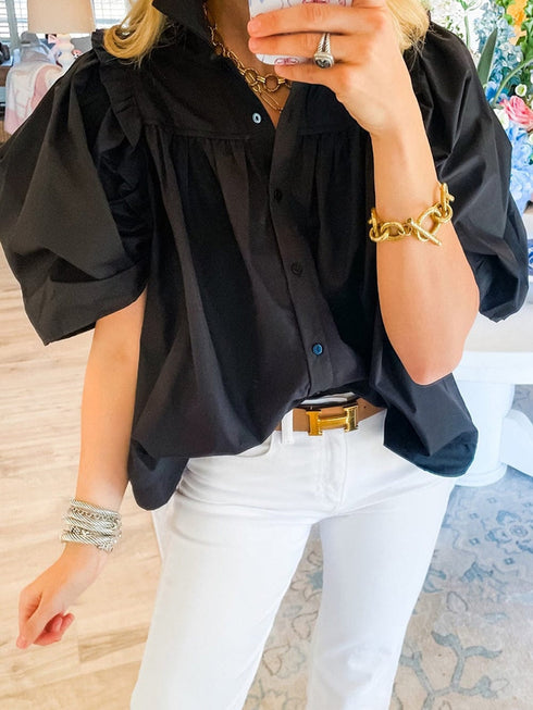 Elegant Black Puff Sleeve Cotton Blouse