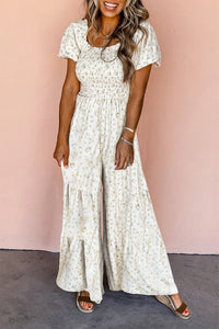 Women's Floral Smocked Puff Sleeve Wide-Leg Jumpsuit