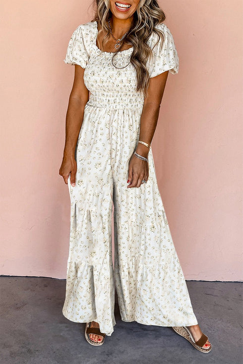 Women's Floral Smocked Puff Sleeve Wide-Leg Jumpsuit