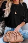 Elegant Black Rhinestone Pearl Embellished Puff Sleeve Blouse