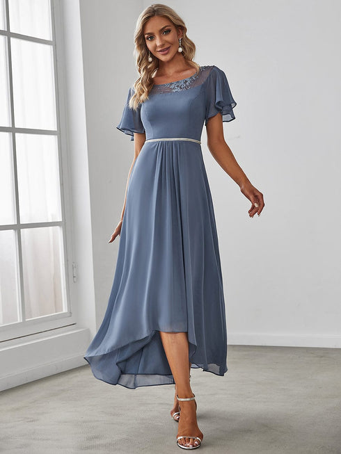 Elegant Boat Neck A-Line Midi Dress with Asymmetrical Hemlines