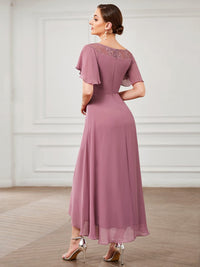 Elegant Boat Neck A-Line Midi Dress with Asymmetrical Hemlines