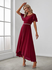 Elegant Boat Neck A-Line Midi Dress with Asymmetrical Hemlines