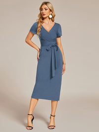 Elegant Deep V Neck Short Sleeve Cocktail Dress with Waist Belt