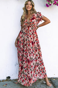 Women's Elegant Fiery Red Floral Maxi Dress for Women - Frilled V-Neck, Short Sleeves, Ideal for Summer Events and Beach Outings