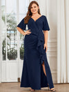 Elegant Fishtail Evening Gown with Ruffles Sleeves and Thigh-High Split