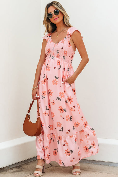 Women's Smocked Pink Floral Ruffle Hem Maxi Dress