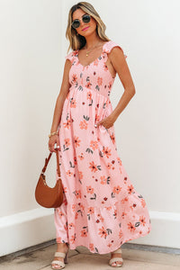 Women's Smocked Pink Floral Ruffle Hem Maxi Dress