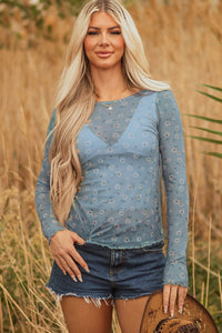 Elegant Floral Print Women's Long Sleeve Mesh Blouse - Lightweight Layering Top for Spring and Summer Fashion