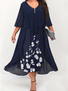 Dark Blue Midi Dress with White Flowers