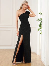 Elegant One-Shoulder Bow Tie Bodycon Evening Gown
