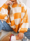 Elegant Orange Plaid Bishop Sleeve Sweater
