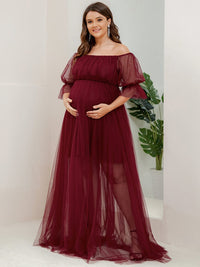 Elegant Plus Size A-line Maternity Dress with Short Puff Sleeves