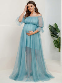 Elegant Plus Size A-line Maternity Dress with Short Puff Sleeves