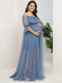 Elegant Plus Size A-line Maternity Dress with Short Puff Sleeves