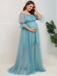 Elegant Plus Size A-line Maternity Dress with Short Puff Sleeves