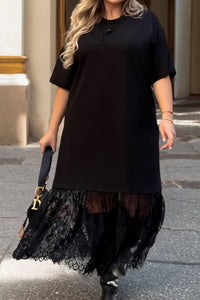 Women's Plus Size Black Lace Hem T-Shirt Midi Dress