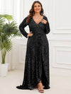 Elegant Plus Size Sequin V-Neck Long Sleeve Evening Gown with High Slit