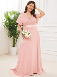Elegant Plus Size V-Back Bridesmaid Dress with Short Sleeves