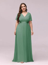 Elegant Plus Size V-Back Bridesmaid Dress with Short Sleeves
