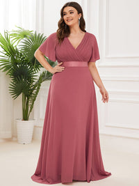 Elegant Plus Size V-Back Bridesmaid Dress with Short Sleeves