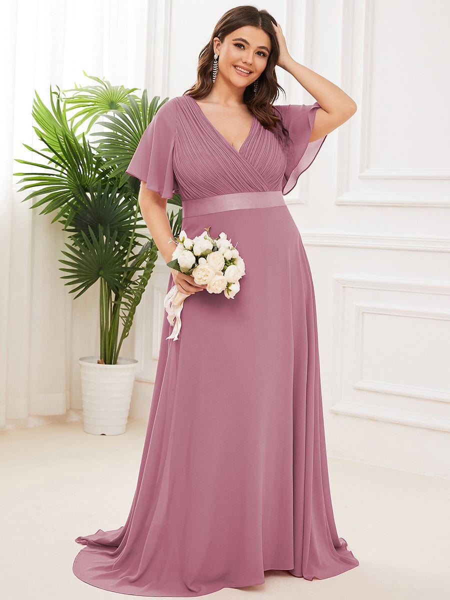 blue dress for baby girl Elegant Plus Size V-Back Bridesmaid Dress with Short Sleeves – MsDressly