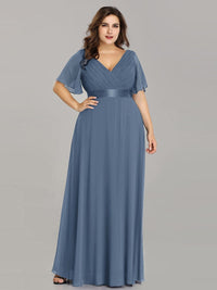 Elegant Plus Size V-Back Bridesmaid Dress with Short Sleeves