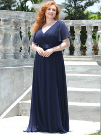Elegant Plus Size V-Back Bridesmaid Dress with Short Sleeves