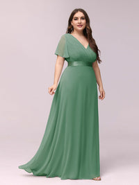 Elegant Plus Size V-Back Bridesmaid Dress with Short Sleeves