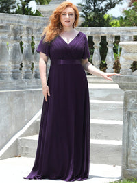 Elegant Plus Size V-Back Bridesmaid Dress with Short Sleeves