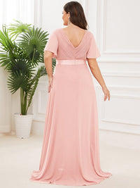 Elegant Plus Size V-Back Bridesmaid Dress with Short Sleeves